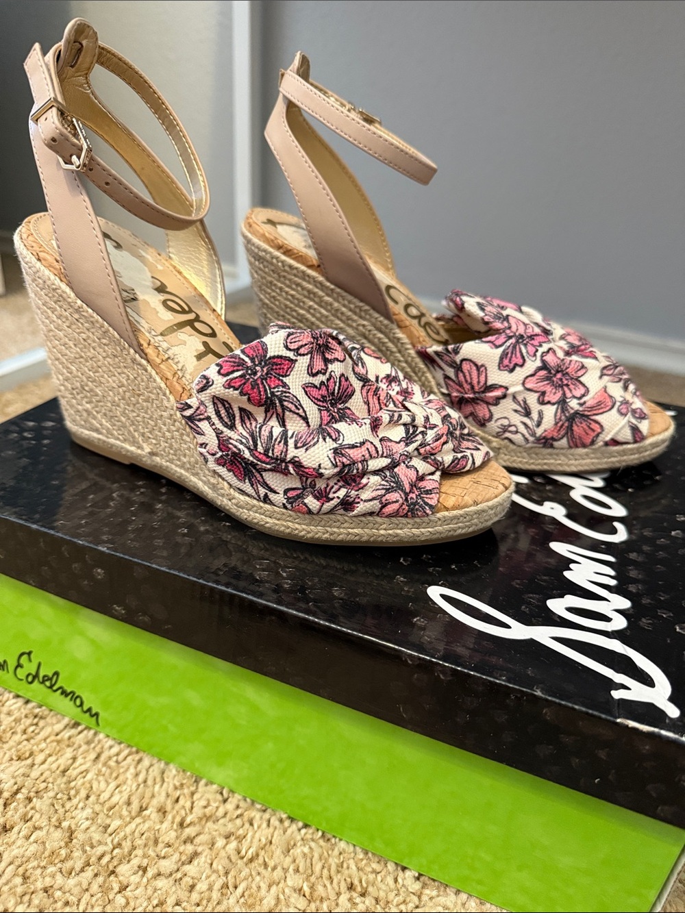 Sam Edelman Pink Floral Canvas Espadrille Wedge Sandals